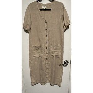 lou & grey 100% linen MIDI Dress button up shift sz M Pockets